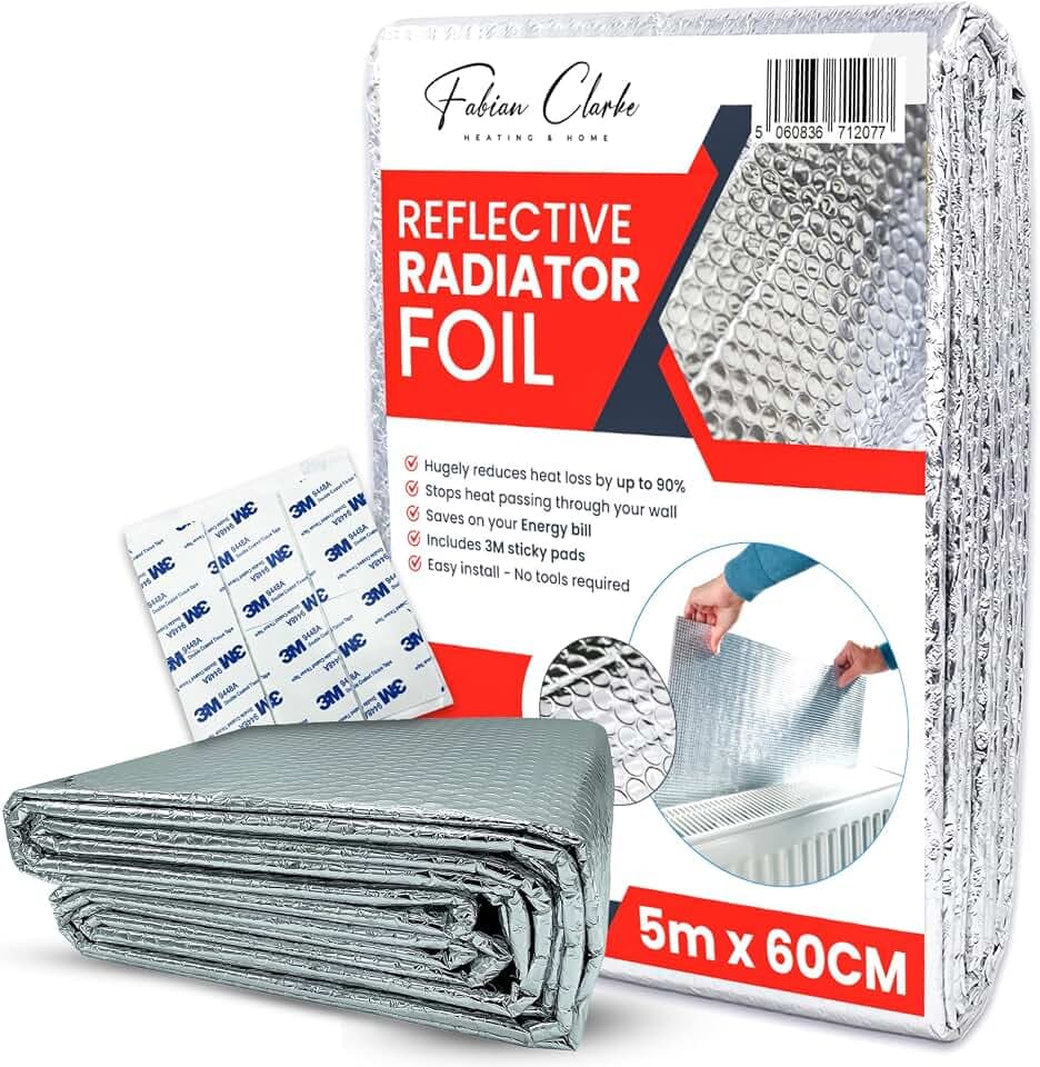 Heizkörperfolie, reflektierende Thermo-Blasen-Heizungsisolierung, 5 m x 60 cm, energiesparend, hilft Winterrechnungen, einfach zu schneiden und zu installieren, inkl. Klebepads