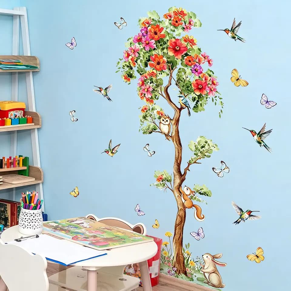 Watercolor Big Tree Wall Decals Removable Forest Animals Owl Rabbit Squirrel Hummingbird Butterfly Floral Stickers Peel and Stick Art Decor for Kids Bedroom Nursery Living Room Playroom Home