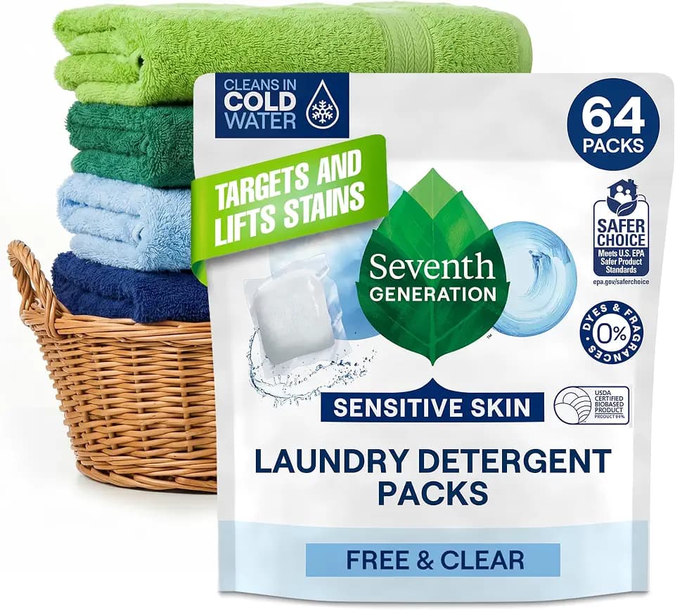 Seventh Generation Laundry Packs, Free & Clear, Sensitive Skin, 64 Count