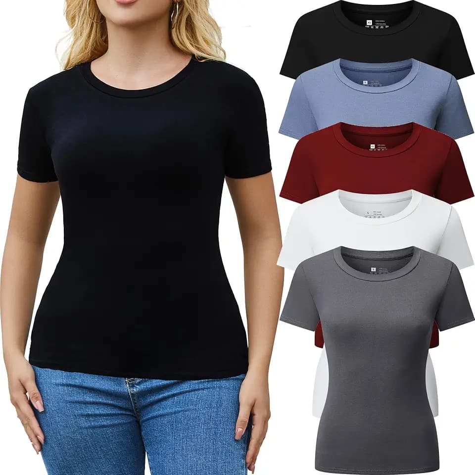 Womens Fitted T Shirts 5 Pack Stretchy Crew Neck Short Sleeve Tops