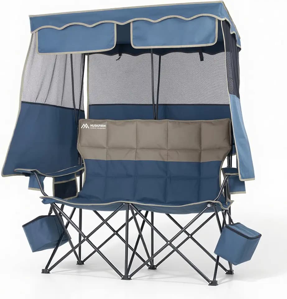 Padded Double Camping Chair With Canopy,Folding Chair Support 450LBS, Blue