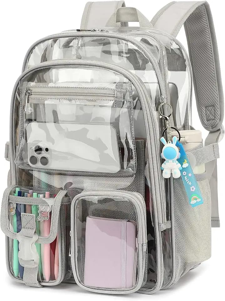 Clear Backpack Heavy Duty Transparent Backpacks Stadium Approved for School Work Sport Travel (Grey), Large