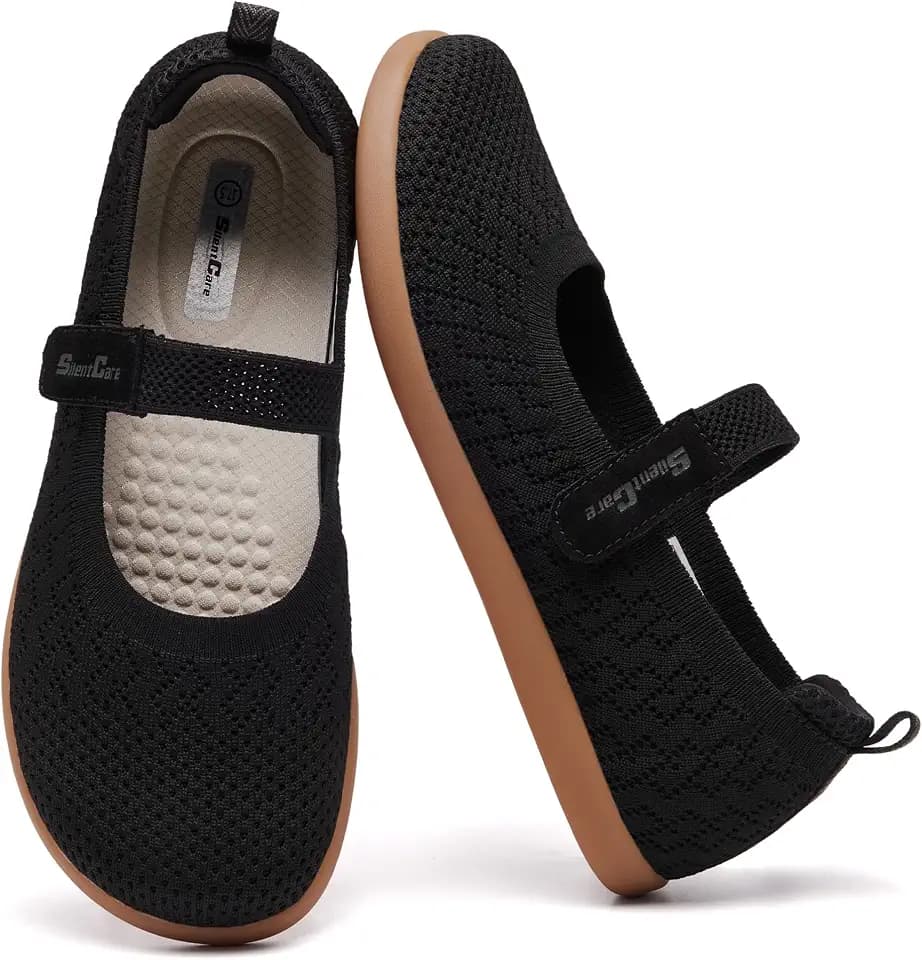 SILENTCARE Women's Barefoot Ballet Flats Wide Toe Box Mary Jane Shoes Zero Drop Sole with Adjustable Straps Minimalist Knit Size 7 Width Casual Walking Ballerina Business Dressy Indoor Black