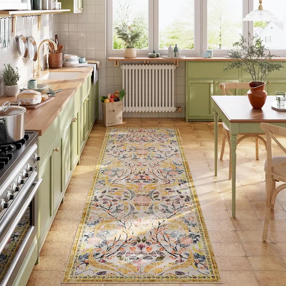 AMTOVO 2.7x8 Runner Entryway Rug for Hallway, Washable Non-Slip Long Kitchen Carpet, Floral Vintage Distressed Floor Mat for Hallways Bathroom Laundry Room Farmhouse, Golden Yellow