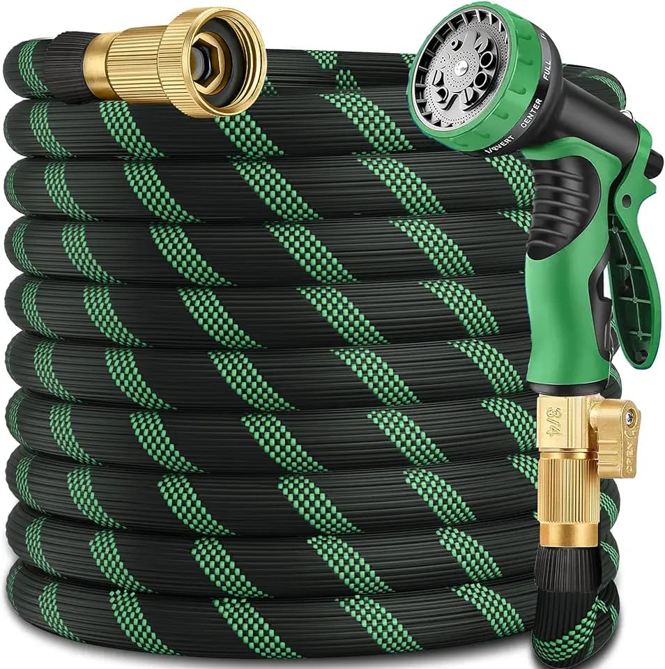 100FT Lightweight Garden Hose, Brass 3/4", 10-Pattern Nozzle