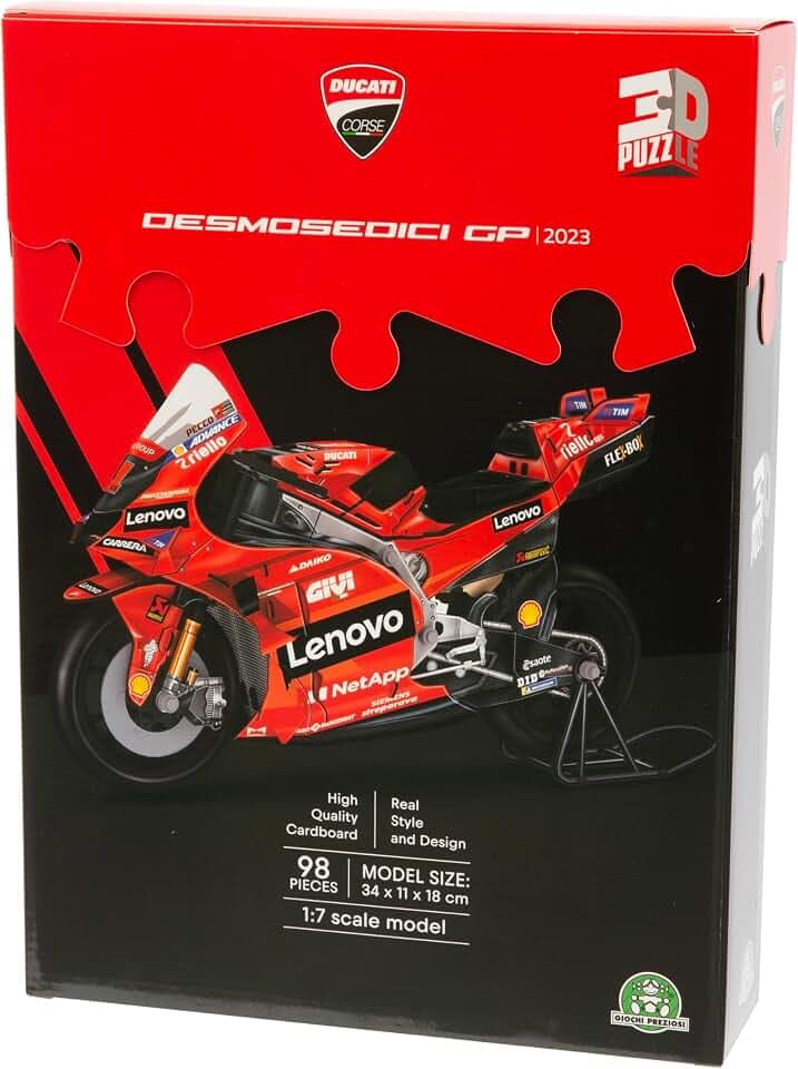 Ducati Desmosedici 3D Motorrad-Puzzle – 120 Teile, Lizenzierte Lackierung, Einfacher Zusammenbau, Kein Werkzeug oder Kleber, Kunststoffreifen, Robuste Pappe – 30x11,2x17,5 cm
