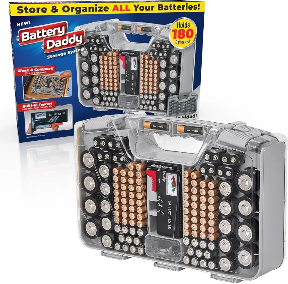 Battery Daddy Ontel Organizer Storage Case & Tester, Holds 180, Warm Grey
