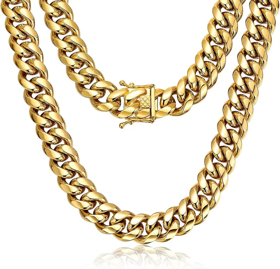 Miami Cuban Link Chain for Men 15mm 18k Gold Stainless Steel Curb Necklace, Hip Hop Jewelry, Durable & Anti-Tarnish Mens Chain 18" 20" 22" 30" Inch, Pops Gifts For Fathers Boyfriends, Sons