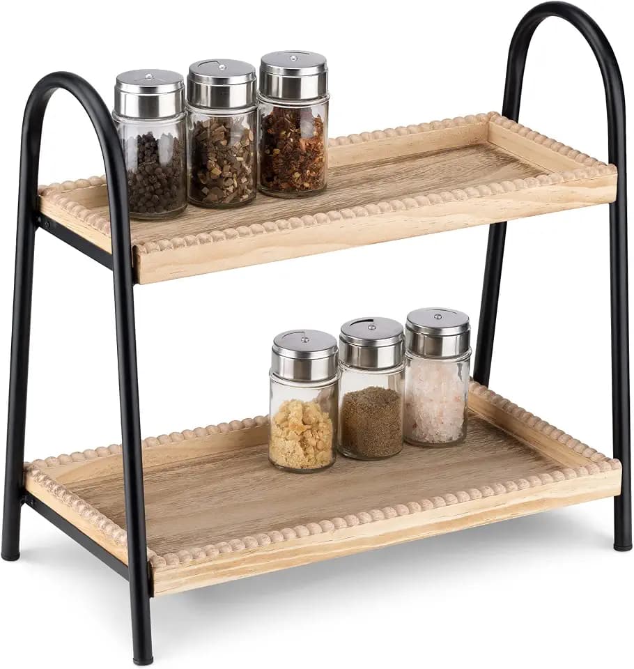 Navaris zweistöckiges Standregal klein aus Holz - 2 Etagen Gewürzregal Kosmetikhalter - 2x Vintage Serviertablett für Arbeitsplatte in Küche Bad Schreibtisch