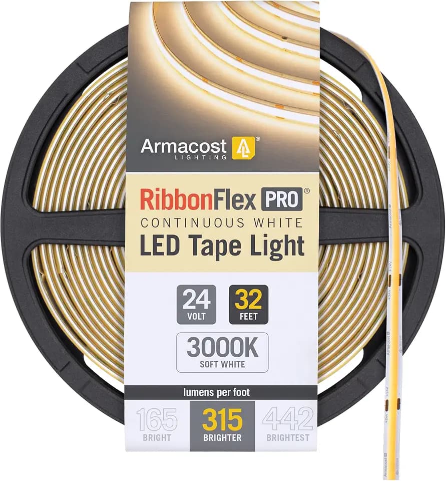 Armacost Lighting RibbonFlex Pro 24V White COB LED Strip Light Tape 3000K, 315 Lumens/Ft, 10M 172250
