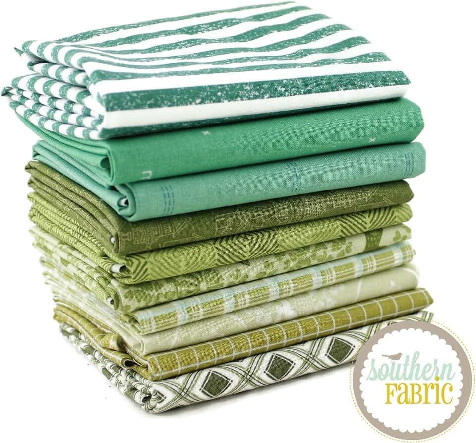 Green Fat Quarter Bundle (10 pcs) - Mixed Designers - Southern Fabric 9 x 43 inches (22.86cm x 109.22cm) DIY Quilt Fabric