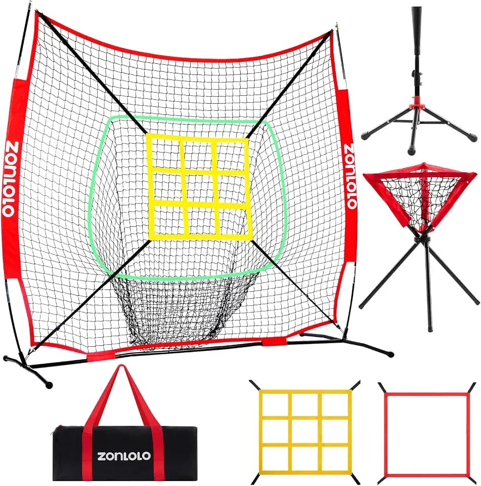 ZONLOLO 6x6ft Portable Baseball & Softball Net for Hitting，Pitching and Throwing, with Sturdy Bow Frame,Battting Tee,Ball Caddy and 2 Strike Zones, Perfect Pitching net for Kids!