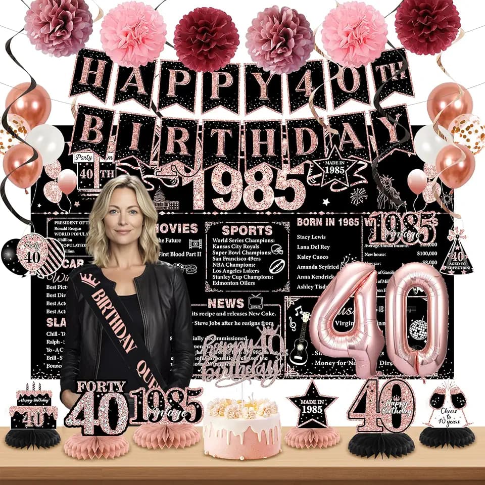 40th Birthday Decorations for Women, Rose Gold Back In 1985 Birthday Banner Decorations, Happy 40th Birthday Cake Topper, Balloons, Backdrop, Table Decorations, Sash Party Supplies for Women