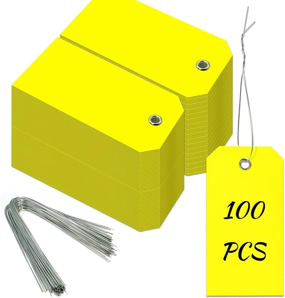 100 Pieces Plastic Shipping Tags with Reinforced Wire Blank Heavy Duty Shipping Waterproof Equipment Moving Tags for Luggage Auto Parts Garage Inventory (Yellow, 2.36 x 4.7)