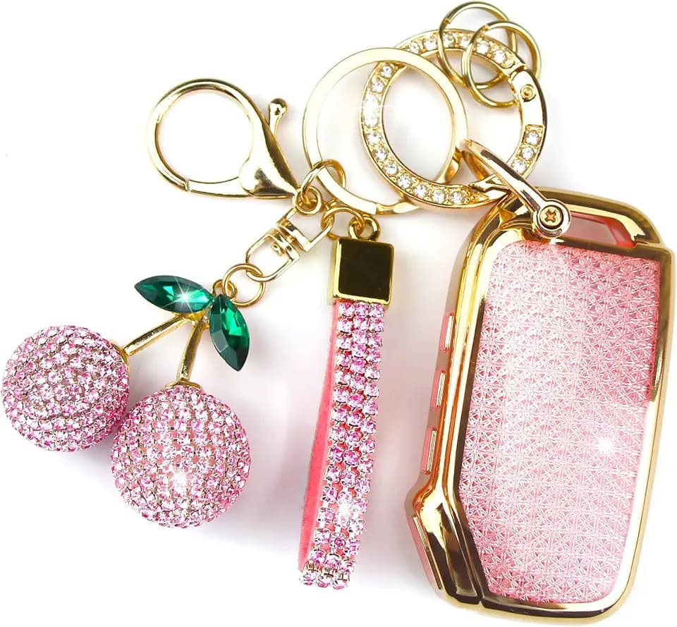 Sparkly Key Fob Cover with Cherry Keychain, Bling TPU Smart Key Case for Women, Compatible with Kia Cadenza Forte K5 NIRO Rio Seltos Sorento Soul Sportage Telluride (5-Button, Gold Pink)
