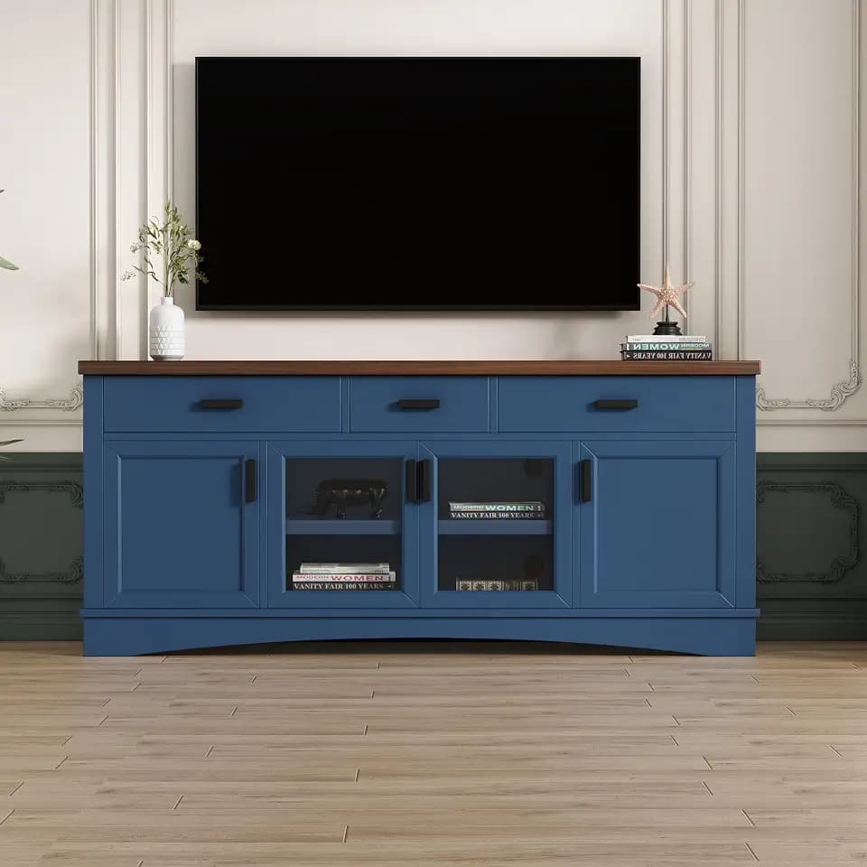 Christopher Knight Home Diver Modern 67 Inch TV Stand for TV up to 65 inch, TV Entertainment Center with Storage Adjustable Shelf+Drawer, Wooden TV Console Table with Storage for Living Room, Blue