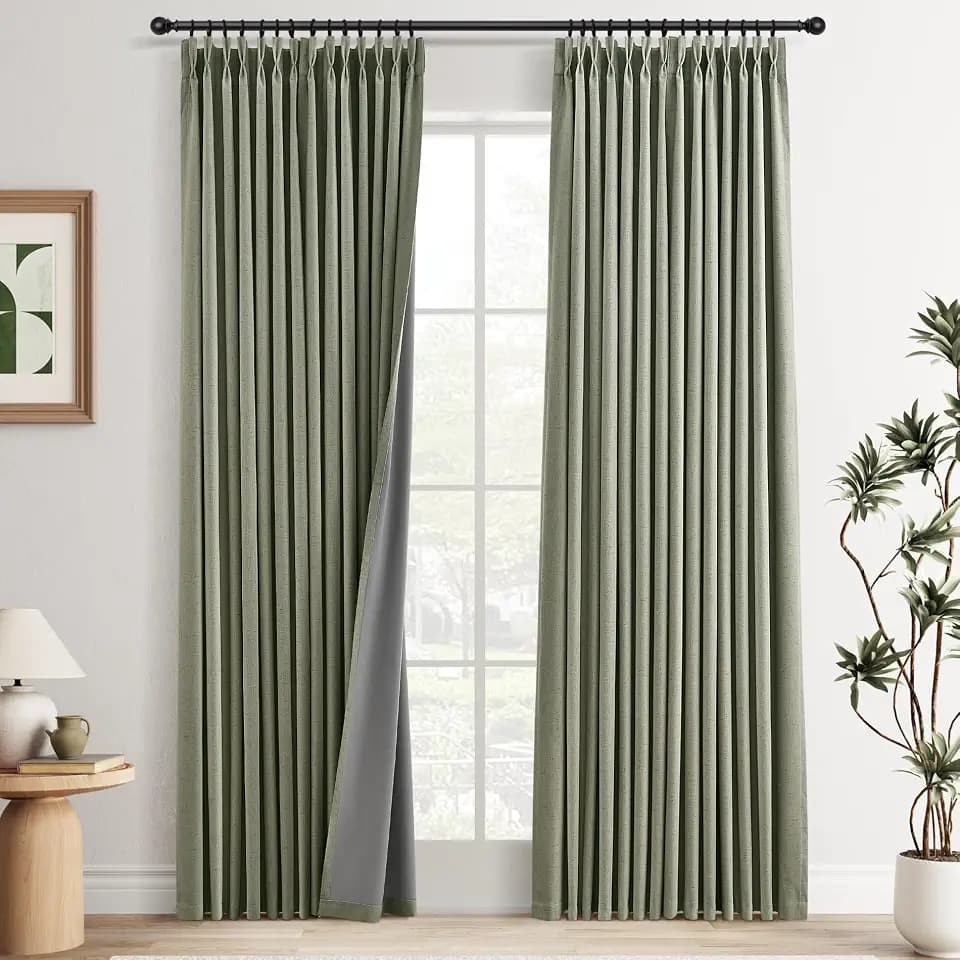 Joywell 100% Blackout Linen Pinch Pleated Curtains 84 Inch Long Sage Green