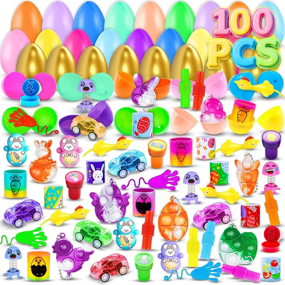 RALLYPANDA 100Pack Prefilled Eggs with Toys Inside for Filling Specific Treats, Easter Theme Party Favor, Basket Stuffers, Classroom Prize Egg Supplies Toy for Kids