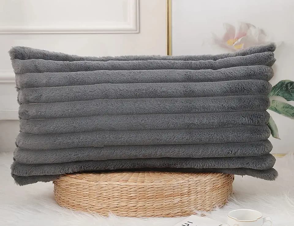 PANOD Faux Fur Decorative Lumbar Throw Pillow Covers 12 x 24,Long Boho Lumbar Pillow Covers Pillow Case Cushion Case for Couch Bed Sofa Farmhouse Livingroom,Grey