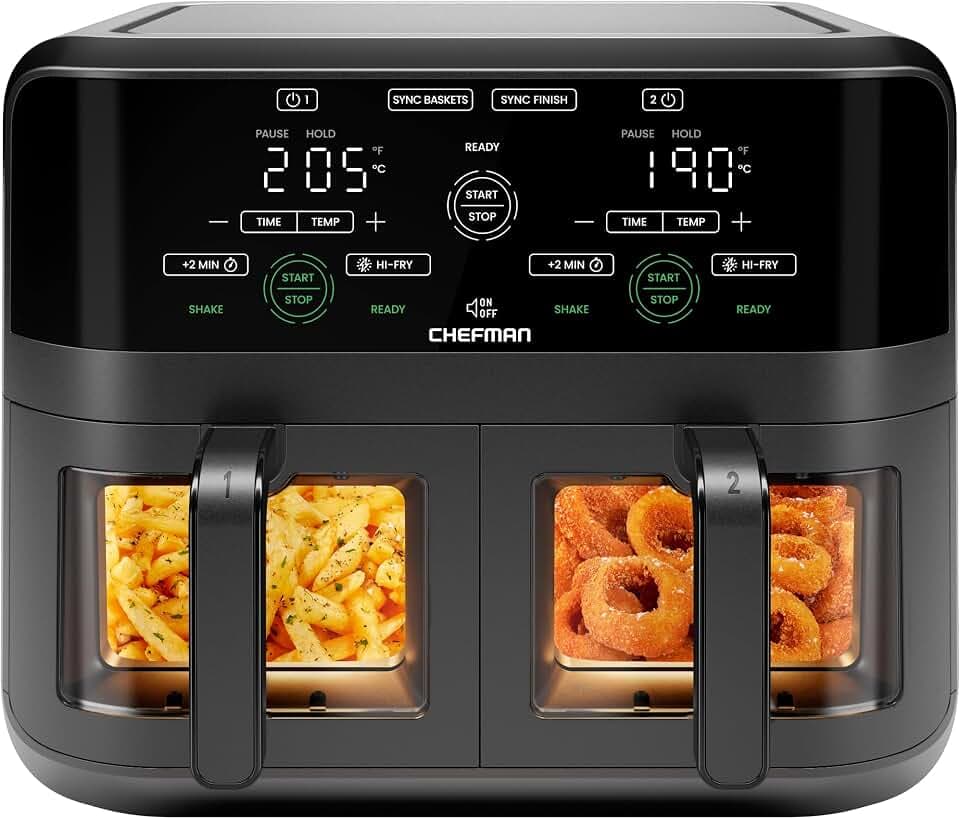 Chefman 5,6L Doppelkorb-Heißluftfritteuse 2100W, Sync-Finish, Hi-Fry