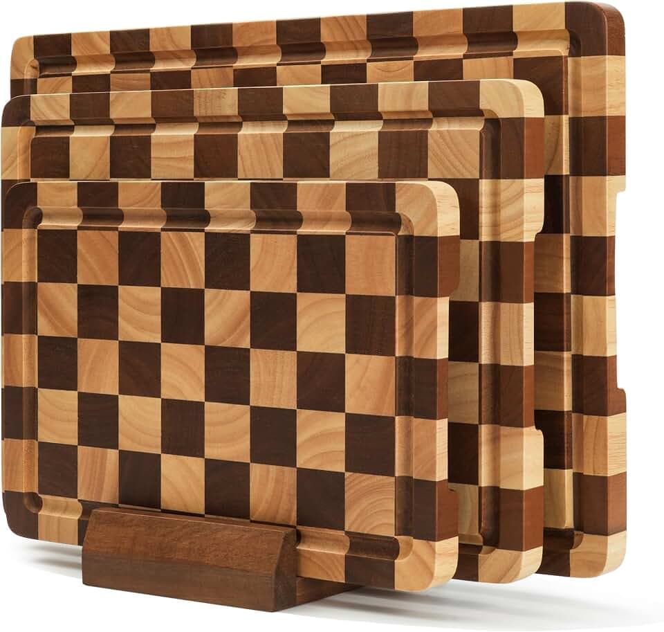 Checkered Cutting Board Set for Kitchen - 3 PCS Wood Checkerboard End Grain Chopping Board with Holder & Juice Groove, Wooden Cutting Boards for Meat, Vegetables, Fruits (S, M, L)