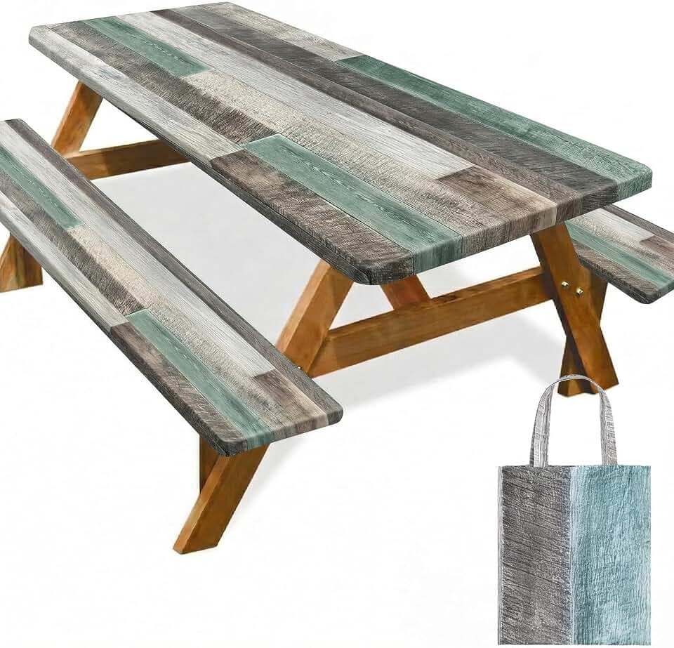 Picnic Table Cover with Bench Covers Elastic Edges Camping Essentials 4 Pcs Wood Grain Green Waterproof Oil-Proof Tablecloth with Handbag for RV Accessories Farmhouse Camping Rustic Party Decor 72 IN