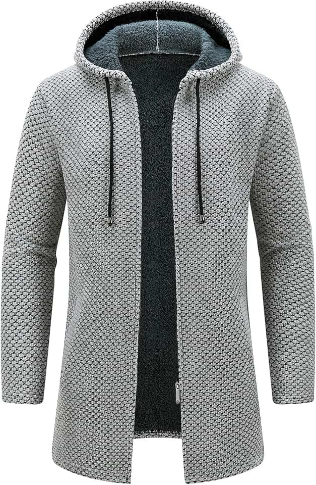 KUDORO Strickjacke Herren Cardigan Lang Trachtenjacke Kapuze mit Kapuze Gestrickt Pullover Wintermantel Winterjacke Fleecejacke(Gräulich1,XL)