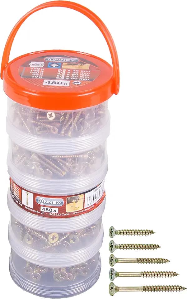 Connex Universalschrauben-Sortiment 480-teilig - Diverse Größen in Stapelbox - Senkkopf - PZ Pozidriv-Antrieb - Voll- & Teilgewinde - Gelb verzinkt / Schrauben-Set / Schrauben-Box / B30304