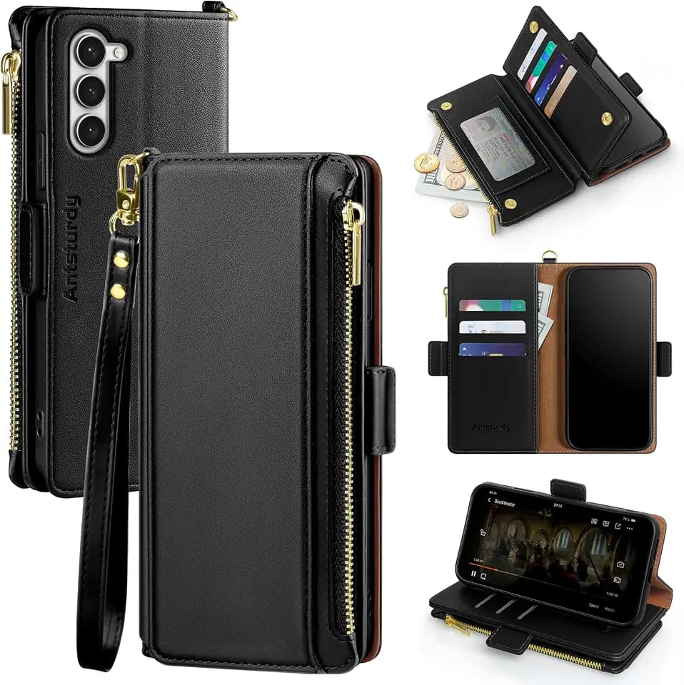 Antsturdy Compatible with Samsung Galaxy S23+/S23 Plus case Wallet with Card Holder for Women Men Phone case RFID Blocking PU Leather Flip Cover with Strap Zipper Credit Card Slots,Black