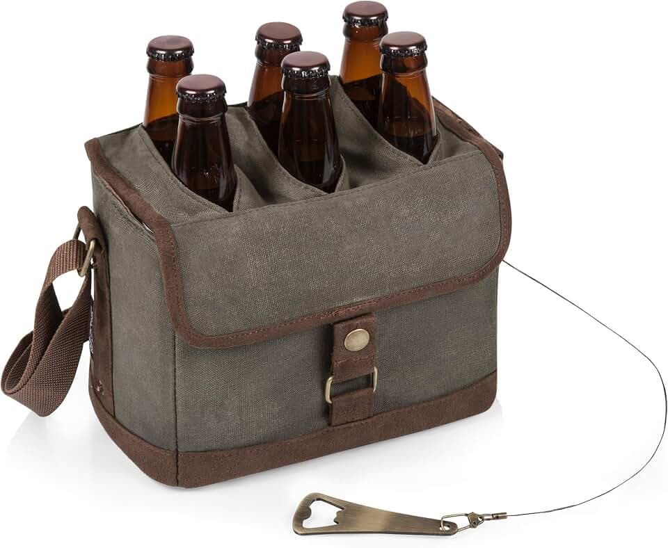 PICNIC TIME Beer Caddy, Drink Caddy and 6-pack Cooler Tote, Drink Carrier with Handle, Bottle Opener, Removable Divider, Shoulder Strap Gifts for Beer Lovers, (Khaki Green with Brown Accents)