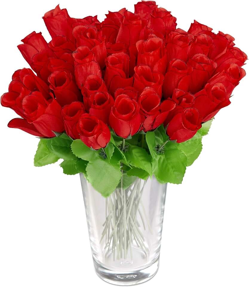 Relaxdays rot, Kunstrosen, Kunstblumen, künstliche Dekoblumen, 48 Stück mit Stiel und Blättern, Köpfe, H: 26 cm, red, 48er Pack