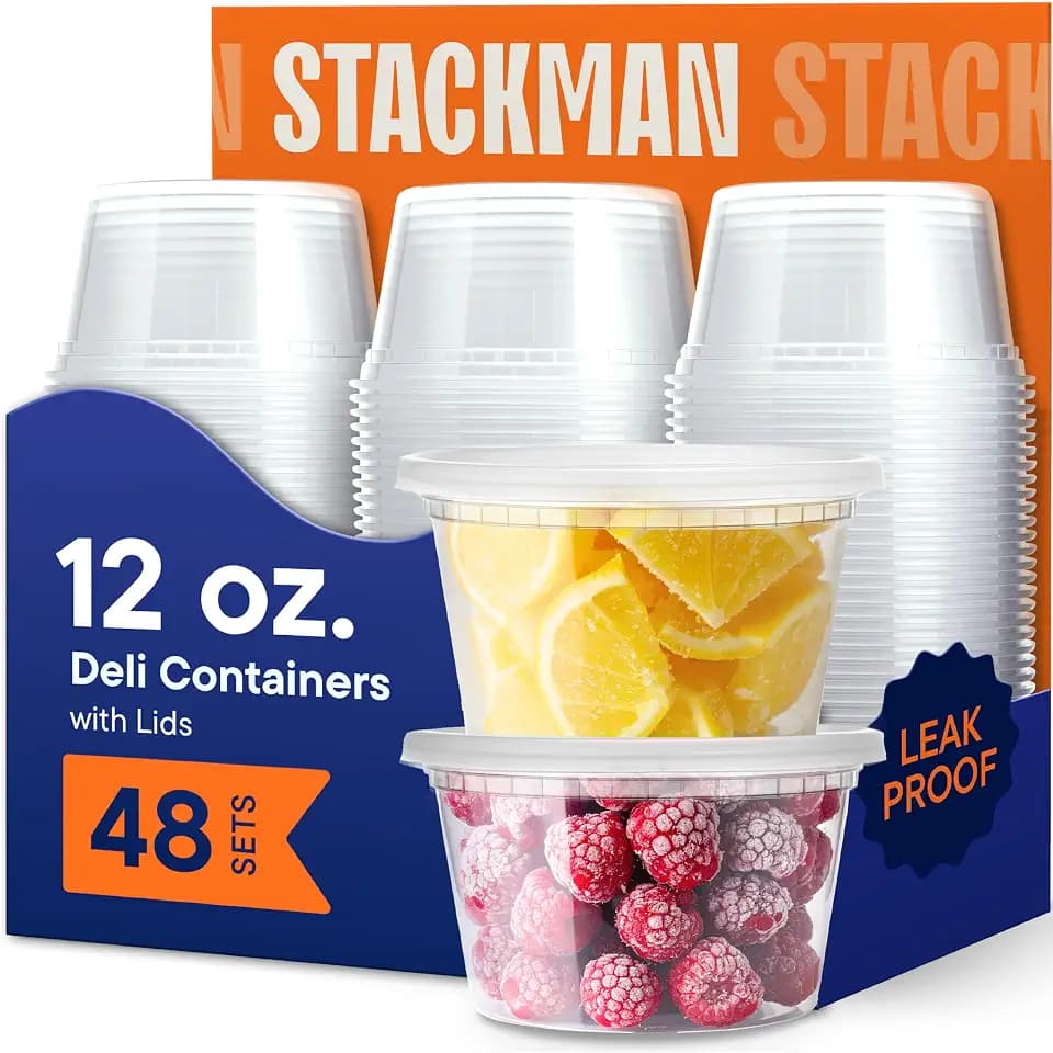 Stack Man 12 oz Deli Containers with Lids (48 Sets) – Clear Plastic Food Storage Containers, Airtight Leak-Resistant Seal, BPA-Free, Microwave & Freezer Safe, Meal Prep Sides Soup Takeout To-Go