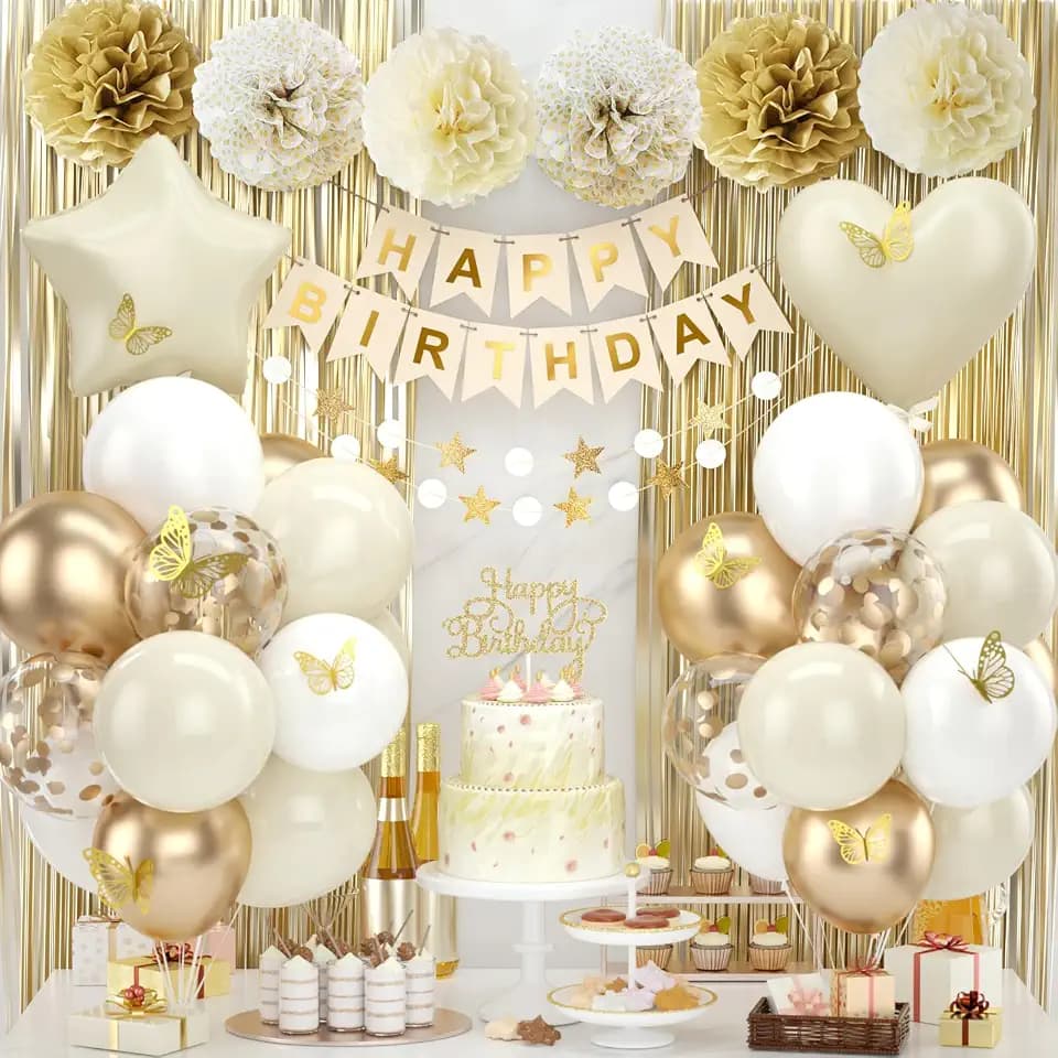 White Gold Birthday Party Decorations Beige Sand Gold Confetti Balloon Boho
