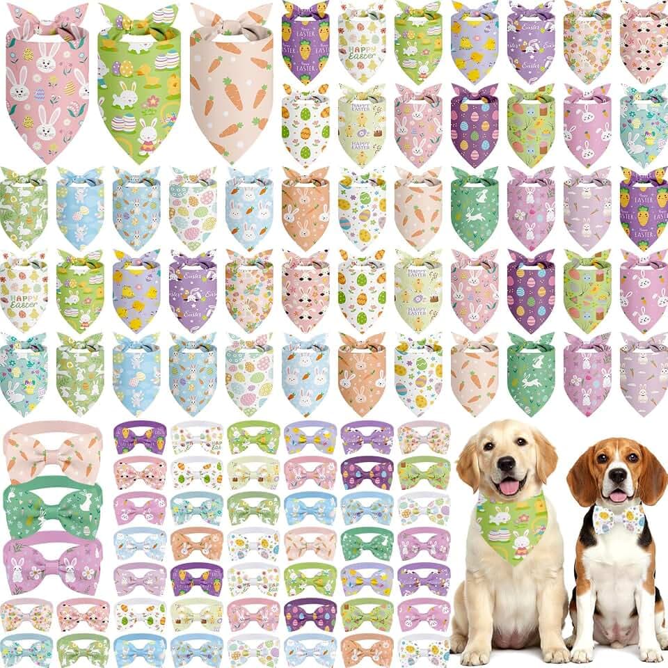 Sanwuta 100 Pcs Easter Dog Bandanas Bulk and Collar Bow Ties Set 50 Easter Day Bandanas 50 Charm Collar with Bunny Rabbit Egg Carrot Triangle Pet Scarf Bowtie for Small Medium Large Costume
