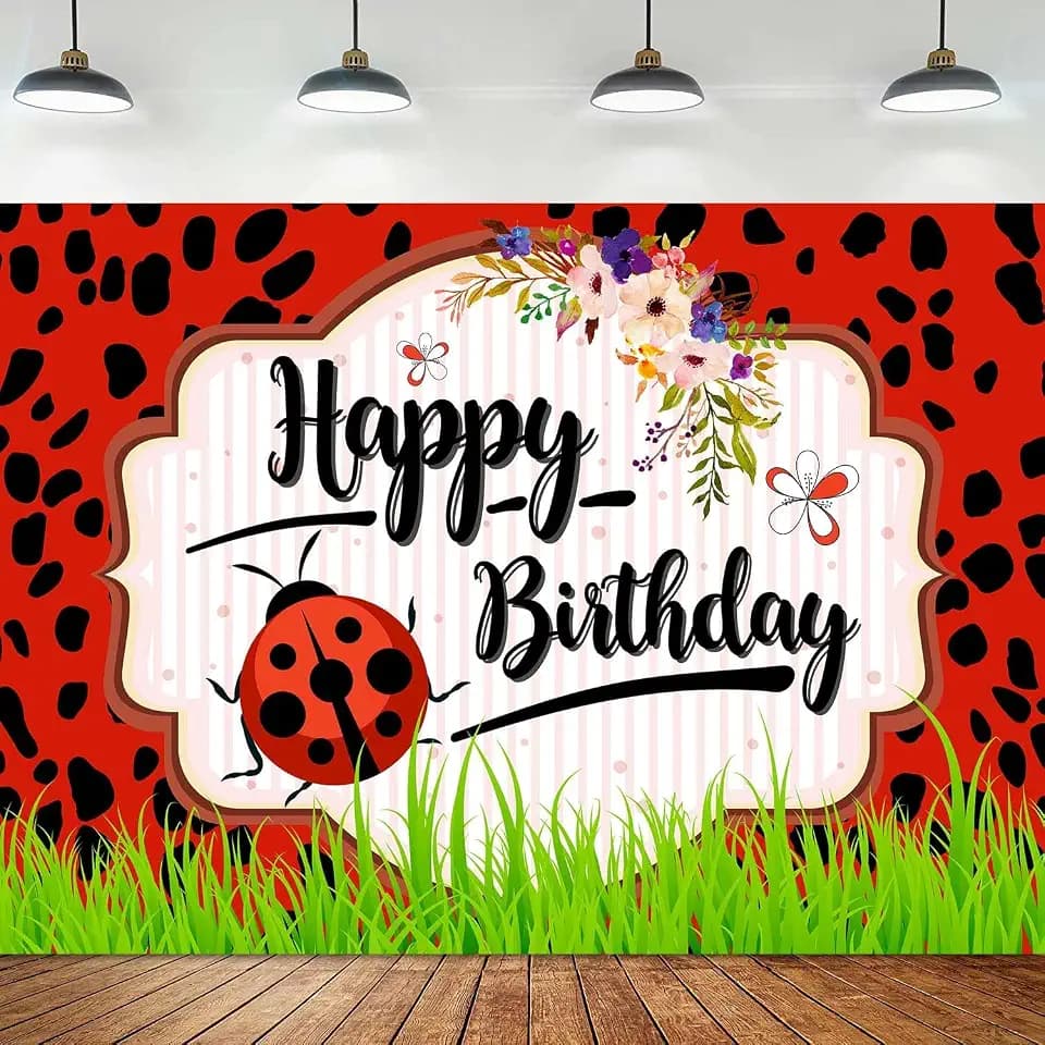 7x5ft Cartoon Ladybird Birthday Photography Backdrop Flowers Green Lawn Ladybug Theme Birthday Party Decor Supplies Children Kids Cake Table Booth Banner Portrait Photo Studio Props BJYYKI283