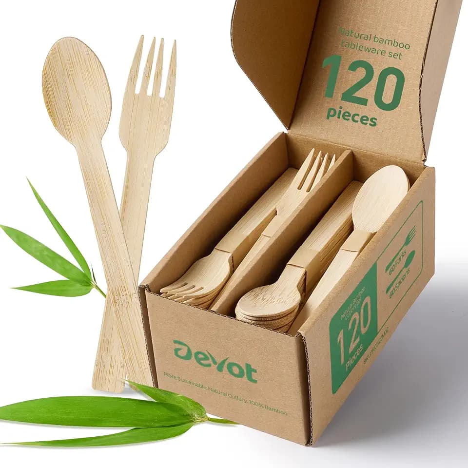 Devot 100% Bamboo Disposable Cutlery Set - 120 Mix (60 Forks,60 Spoons)