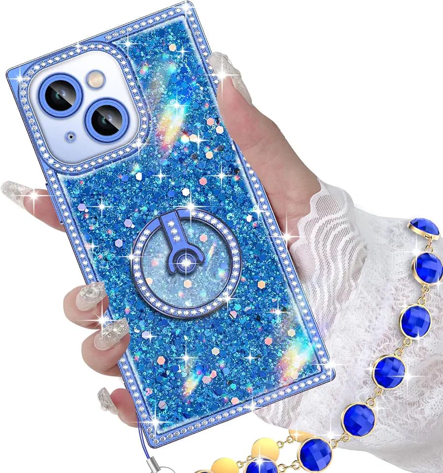 Miss Arts for iPhone 14 Plus/15 Plus Case with Ring Stand, Glitter Sparkle Phone Case for Women Girls, Rhinestone Luxury tective Cover for iPhone 14 Plus/15 Plus 6.7", Blue