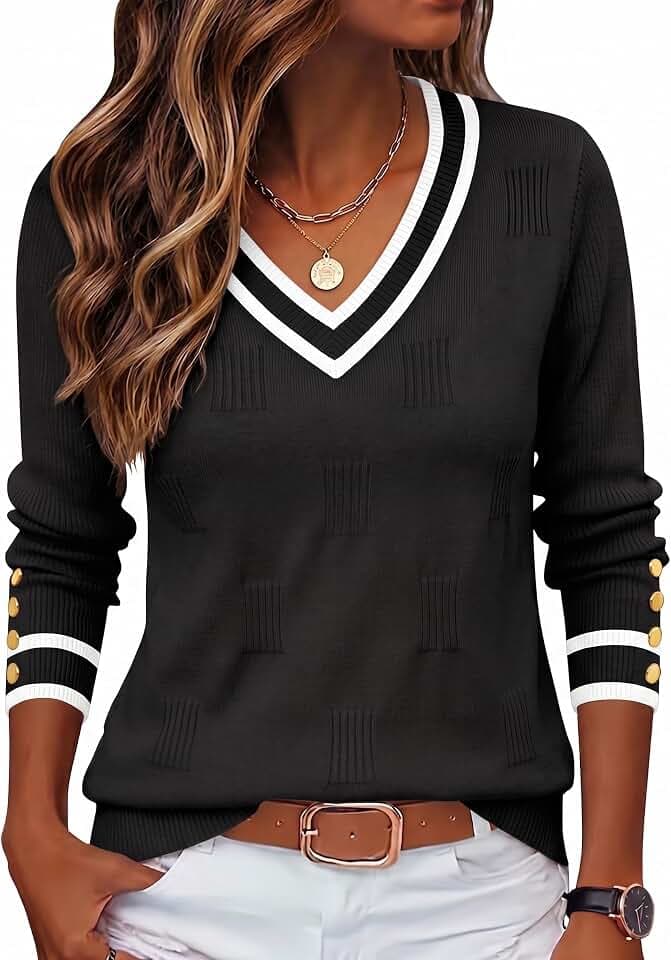 Zeagoo Womens V Neck Sweaters Long Sleeve Lightweight with Buttons Oufits