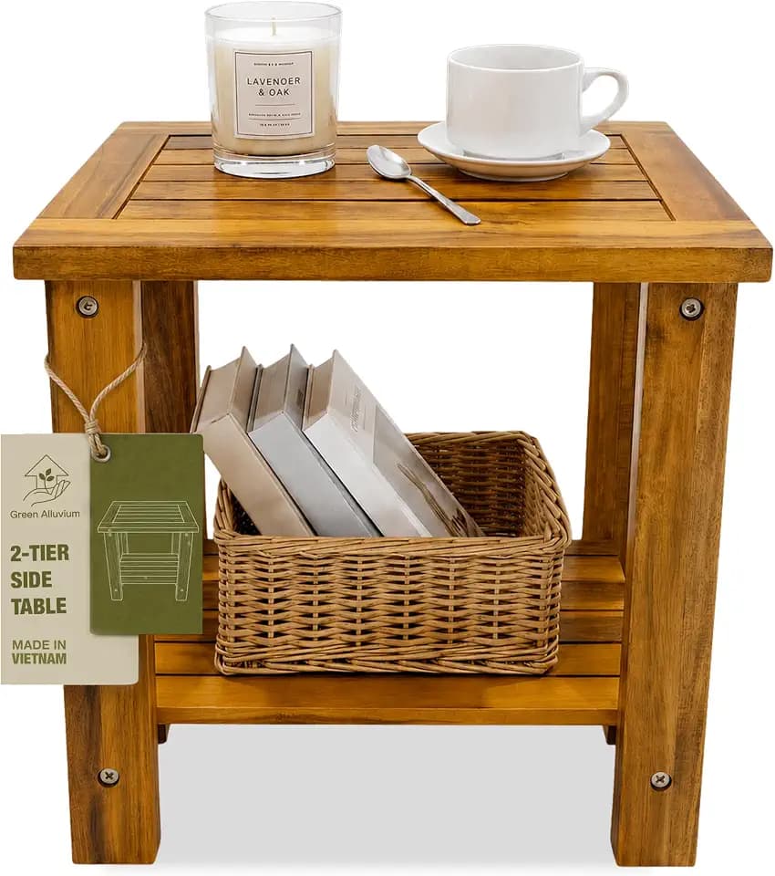 Outdoor Patio Side & End Table, Nightstand, Acacia Wood, 16.5 in, 2-Tier
