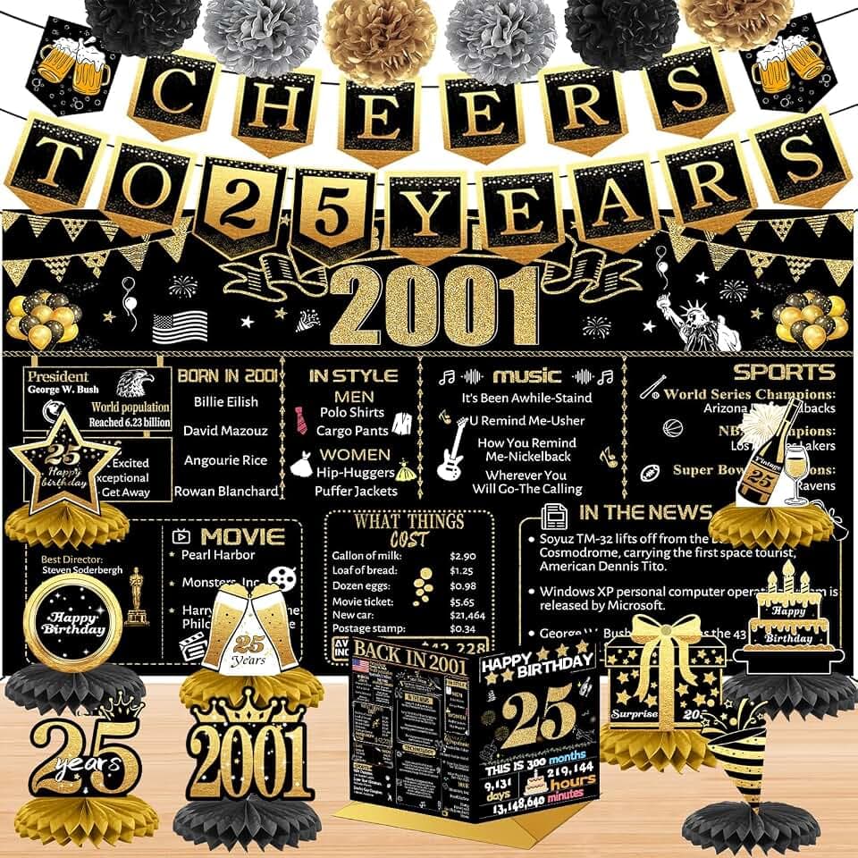 25th Birthday Decorations for Her Him, 18PCS Black Gold Back in 2001 Banner Decorations, Bday Backdrop, 25 Year Old Banner for Daughter Son, Birthday Card, 6 Paper Poms 9 Honeycomb Balls