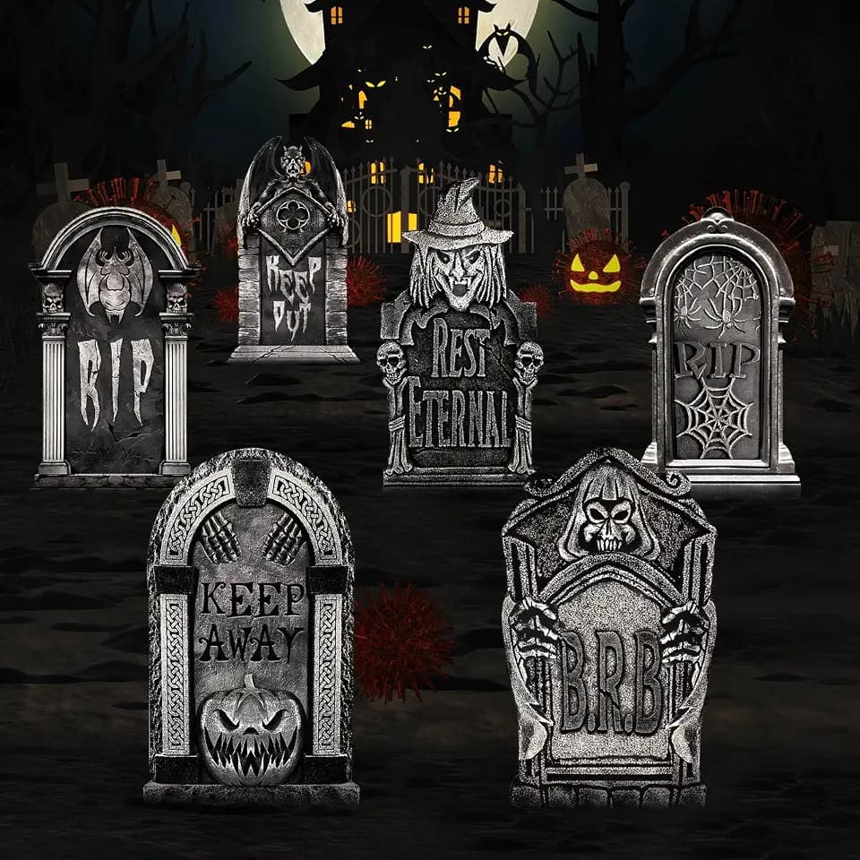 22 Inch Halloween Tombstones Yard Sign with Metal Stakes, 6Pcs Large Outdoor Graveyard Tomb Stones Decorations, Scary RIP Fake Gravestones Decor for Cemetery Lawn