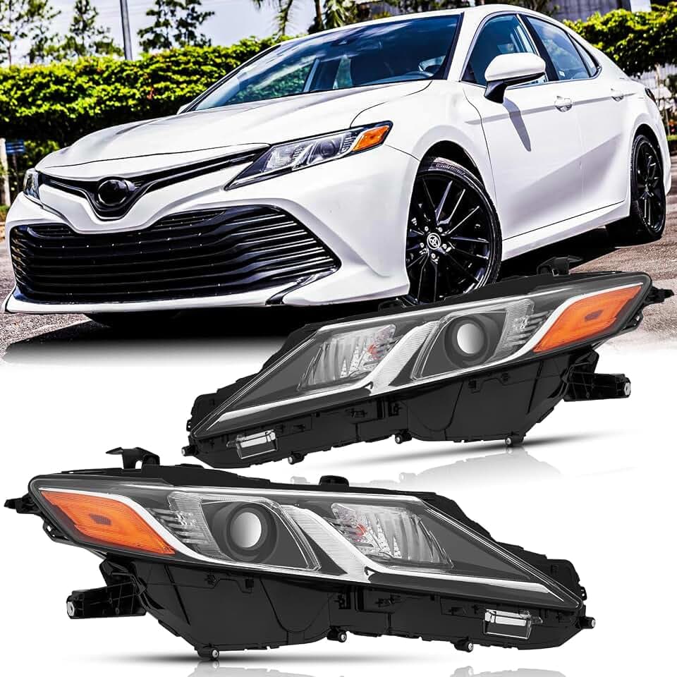 LED Projector Headlights Assembly Pair for 2018 2019 2020 2021 2022 2023 2024 Toyota Camry L/LE/SE Head Lamps Replacement Driver and Passenger Side,Chrome Housing Amber Reflector