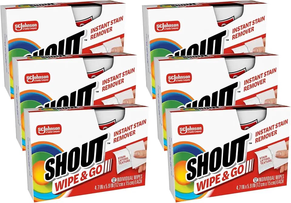 Shout Wipe & Go, Portable Instant Stain Remover Wipes, 12 Count, (6 Pack)