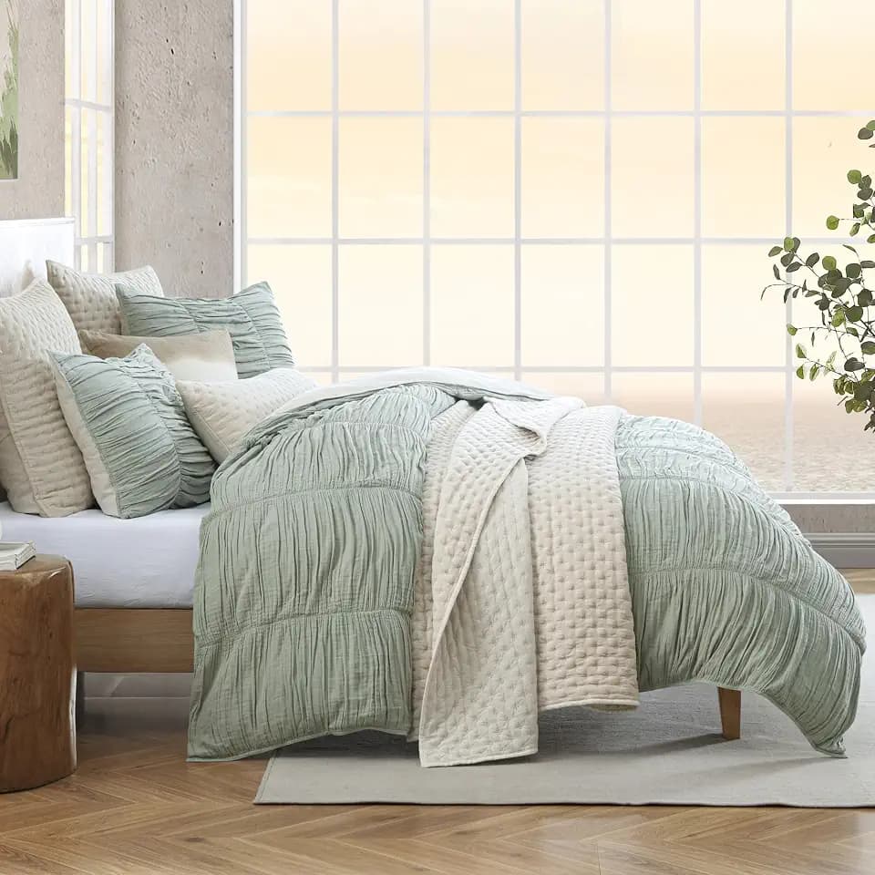 Ruched Gauze Cotton Duvet Cover Set, Full/Queen, Green, 3-Piece