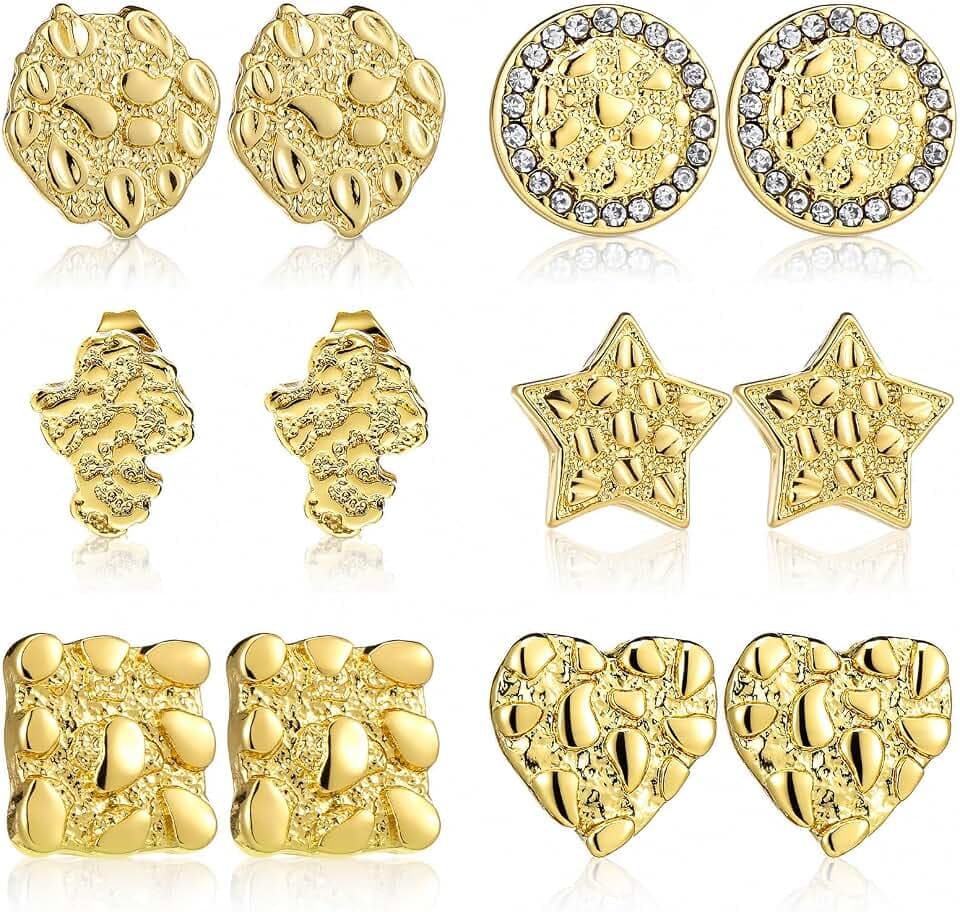 6 Pair Gold Nugget Earrings Set for Men Women, Rough Textured Nugget Stud Earrings Hammered Round Star Heart Square Irregular Stud Earring for Men Women Unisex Jewelry Gifts