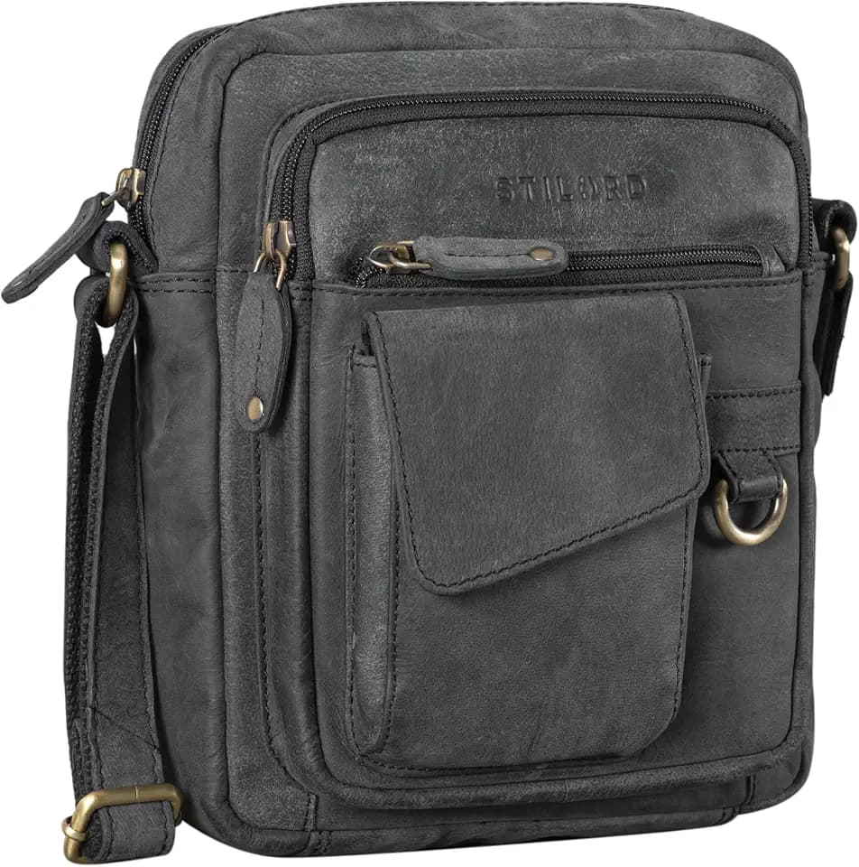 STILORD Ryan Crossbody Tasche Herren Leder Kleine Herrentasche zum Umhängen Vintage Ledertasche 9,7 Zoll iPad Tasche Messenger Bag Umhängetasche Echtleder Farbe:avaro - grau