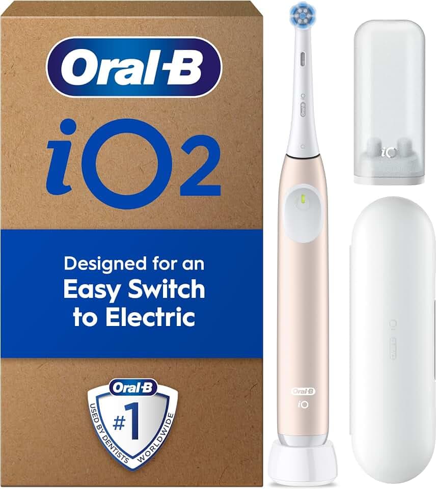 Oral-B iO2 Elektrische Zahnbürste, 1 Sanfte Pflege Zahnbürstenkopf, 1 Reiseetui, 1 Reise-Nachfüllhalter, Zahnbürste für Erwachsene (Calm Pink), Designed by Braun