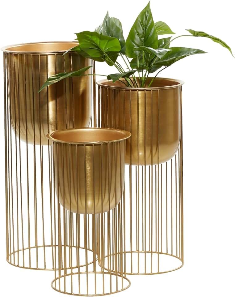 Deco 79 Metal Indoor Outdoor Planter Set of 3, 24", 20", 16"H, Satin Gold