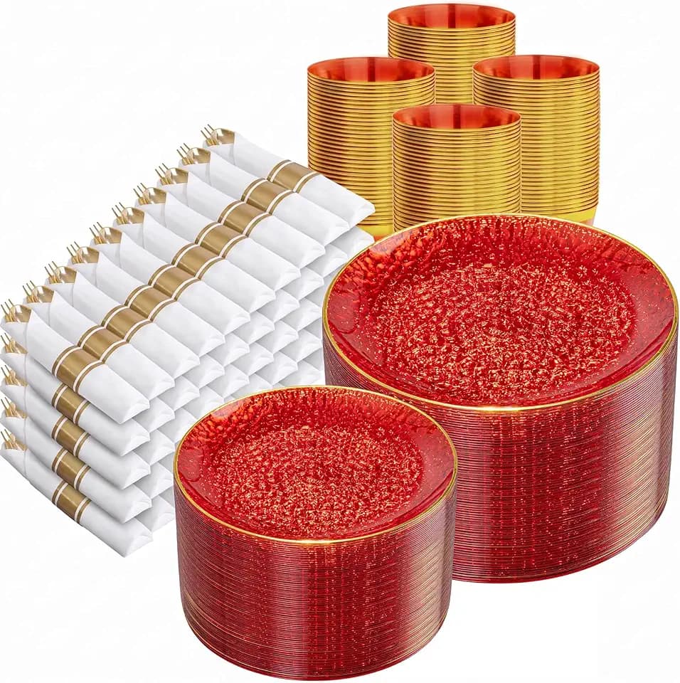 Rubtlamp 700Pcs Red Gold Plastic Dinnerware Set, Hammered Red Gold Plates, Fancy Plastic Plates Include 100 Dinner Platos, 100 Salad Platos, 100 Cups,100 Pack Pre Rolled gold plastic Silverware