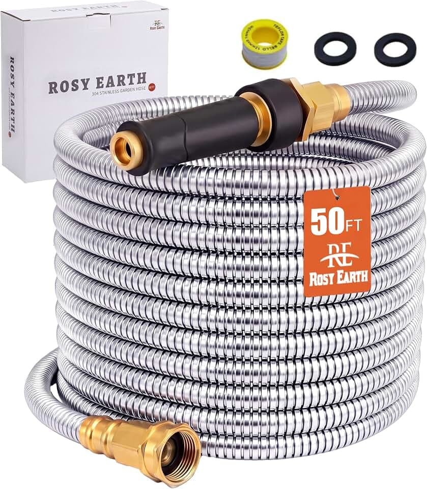 Rosy Earth Metal Garden Hose 50 FT, 304 Stainless Steel Water Hose
